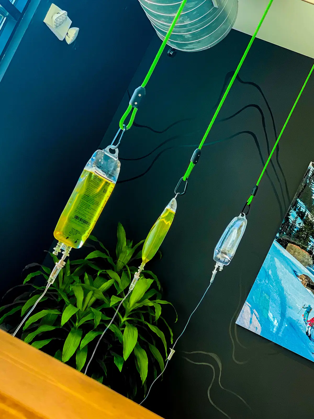 IV bags hanging from climbing rope in an Onus lounge